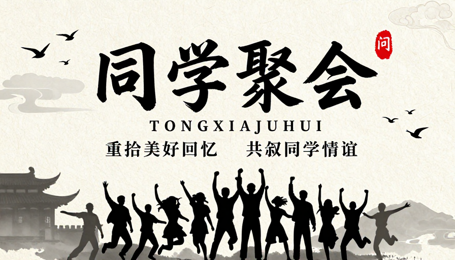 水墨风同学聚会海报 重温旧情共叙同窗