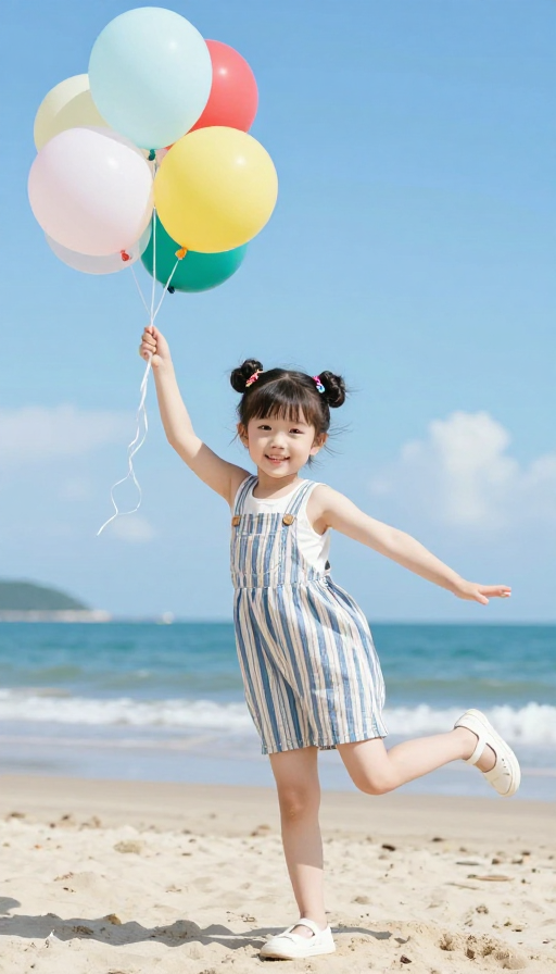 童趣阳光:双丸子头女孩碧海蓝天间开怀大笑