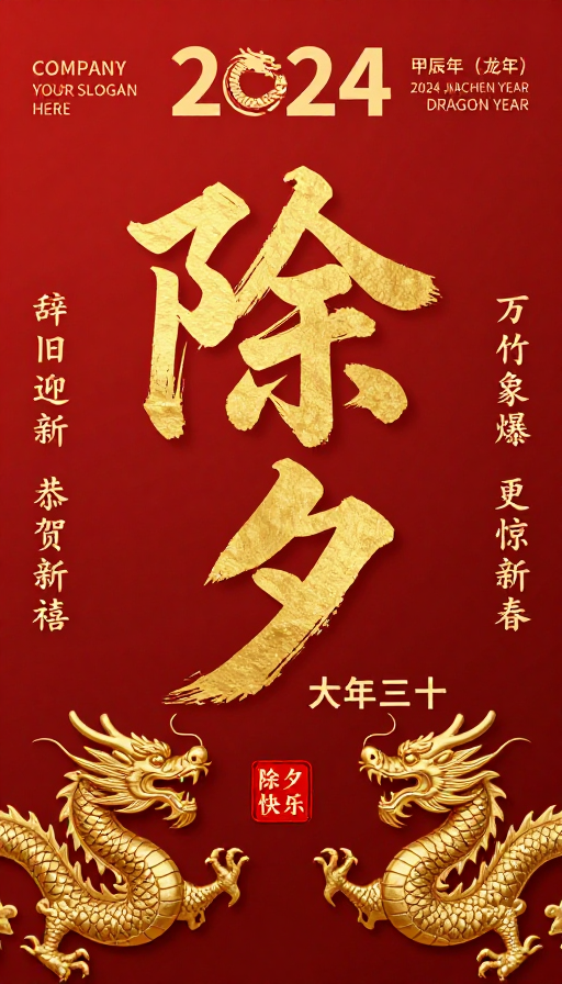 金红龙凤除夕海报：传统书法与龙腾甲辰年的新春设计