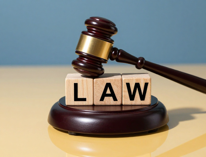 法槌与LAW积木光影呈现法律权威感