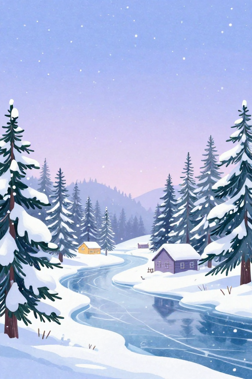 冬日梦幻雪景插画，静谧治愈背景