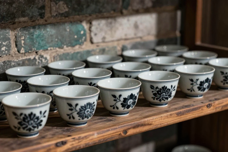 手工黑花白釉瓷杯：传统纹样的静谧之美