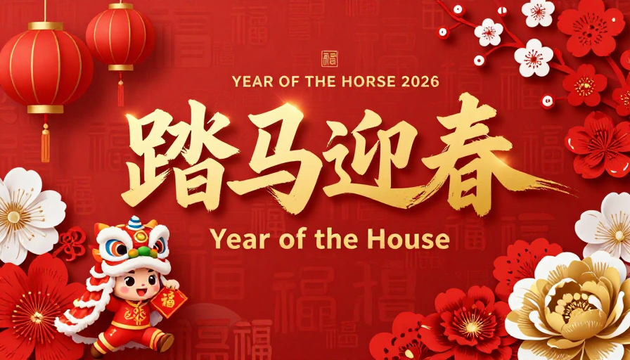 红色中国风新年海报：踏马迎春2026贺岁