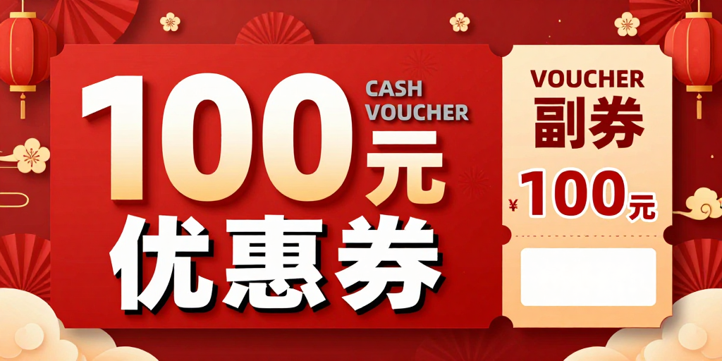 喜庆中国风100元优惠券促销海报