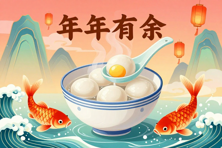 暖色晕染东方意境：新中式汤圆插画展现元宵团圆