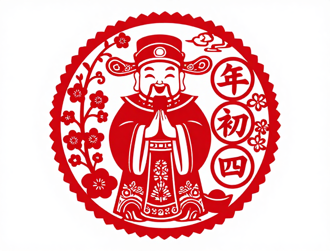红纸剪纸福神·大年初四节庆装饰