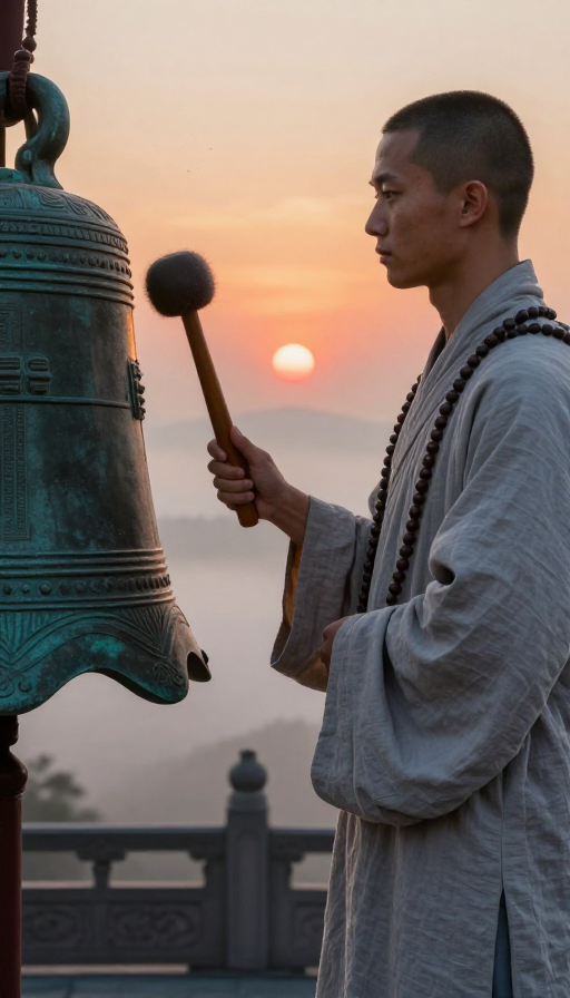 晨雾叩钟：8K禅意僧人特写瞬间