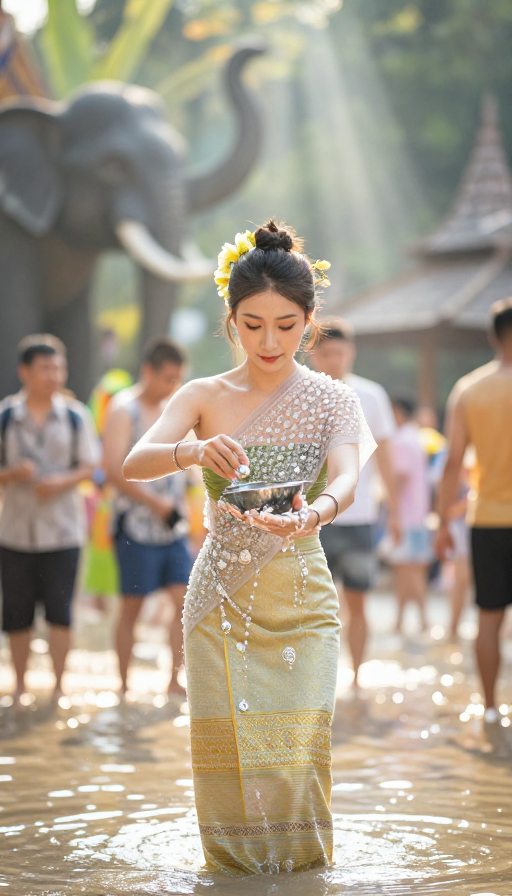 傣族少女舀水瞬间：金线筒裙与泼水节的晨光