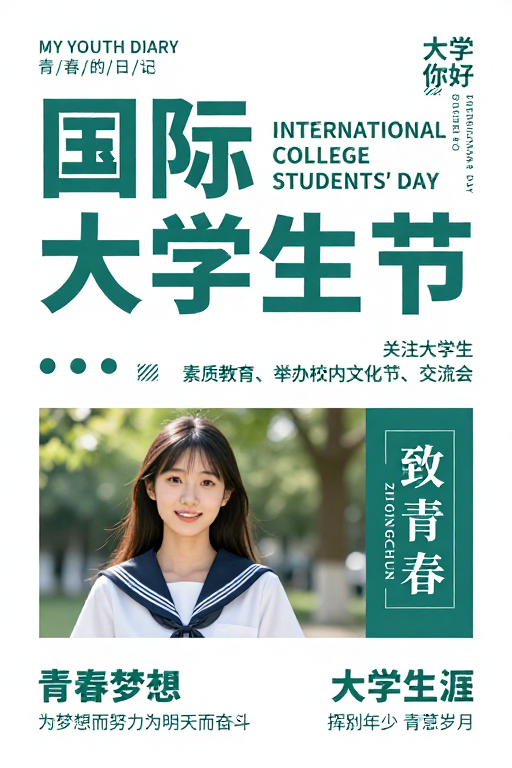 简约青绿校园风:国际大学生节海报