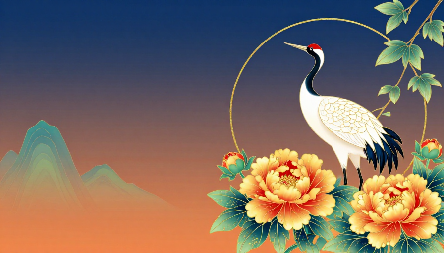 暮霭丹青：仙鹤凝望牡丹的东方诗意画卷