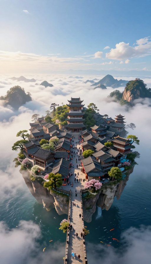 云海孤岛：仙境古城的超现实画卷