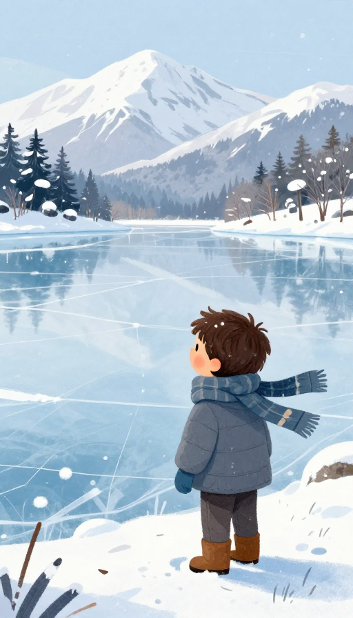 冬日初临:小男孩凝视冰雪湖的儿童插画