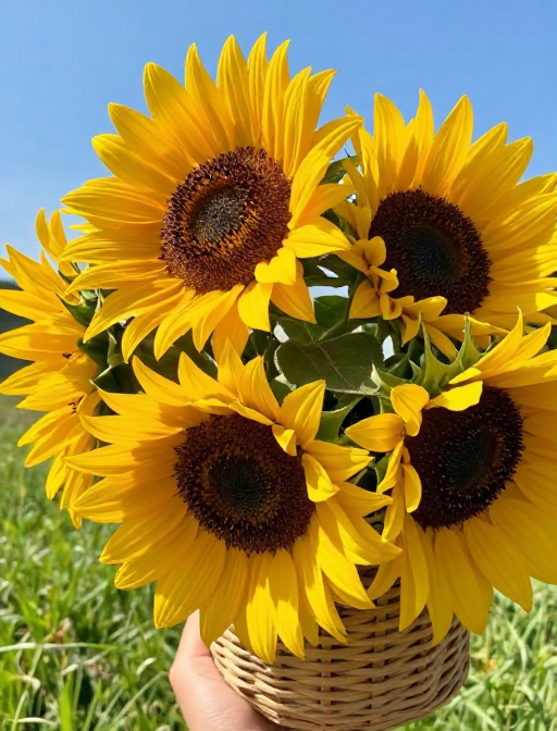 阳光花篮：清新向日葵特写摄影