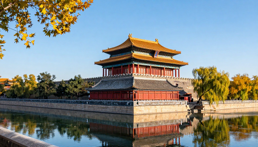 北京故宫角楼秋日绝景：红墙黄瓦映碧水
