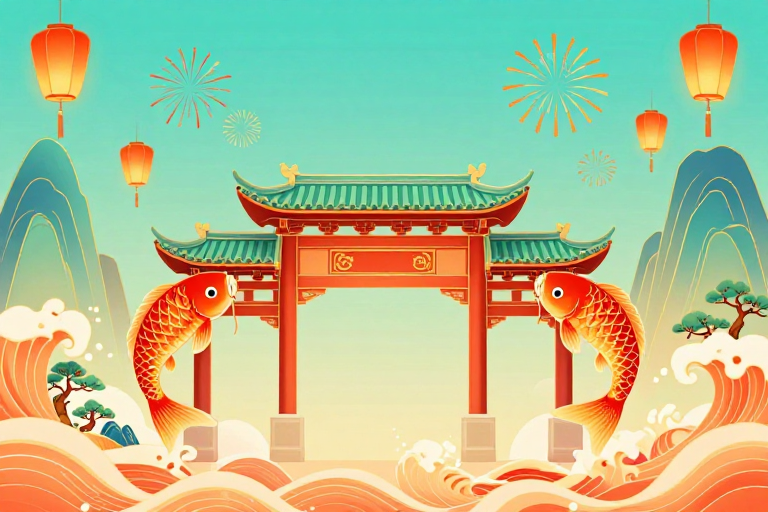 中国风锦鲤跃龙门：红柱金瓦的节庆之美