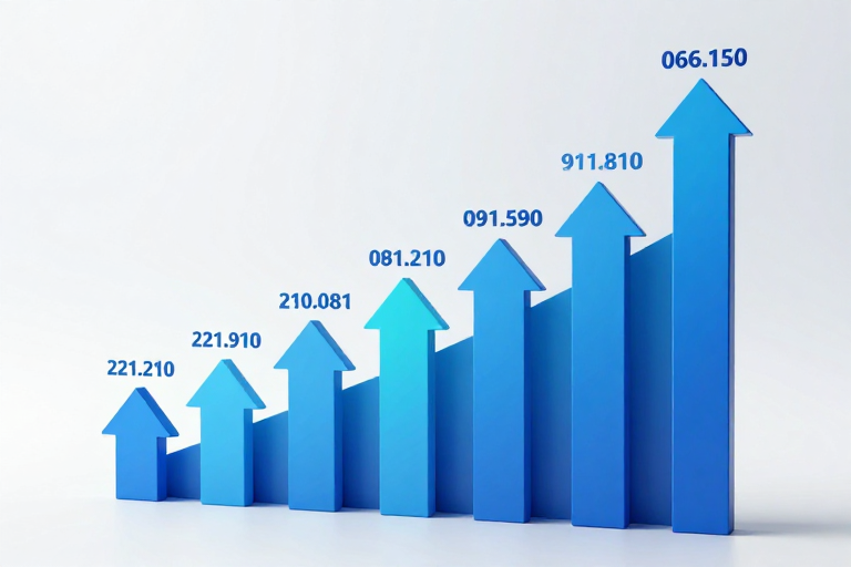 蓝色3D金融增长趋势图：高对比度冷调光影，清晰数值展示