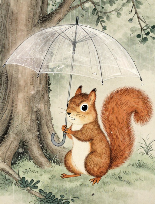 雨中小松鼠：中国工笔卡通风温馨插画