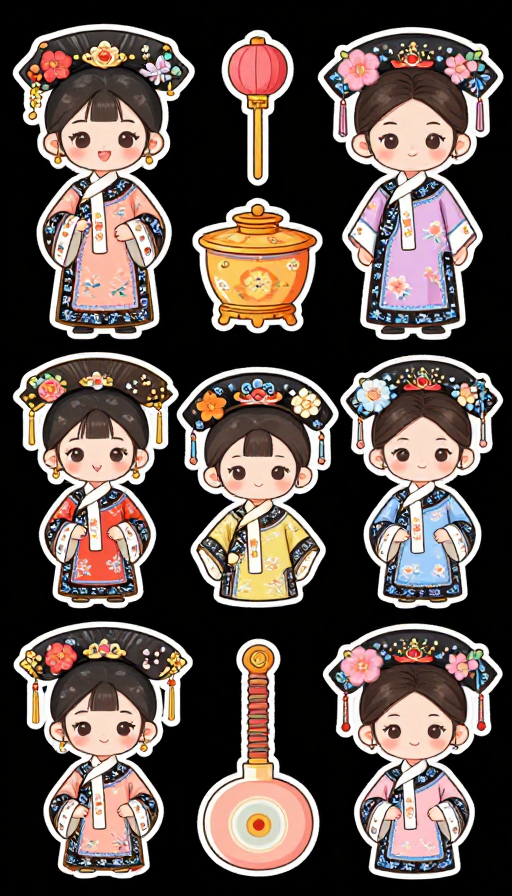 古风Q版清朝格格手帐贴纸：多元元素与描边艺术