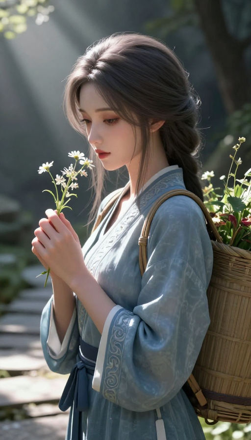 古风草药少女穿行幽径光影