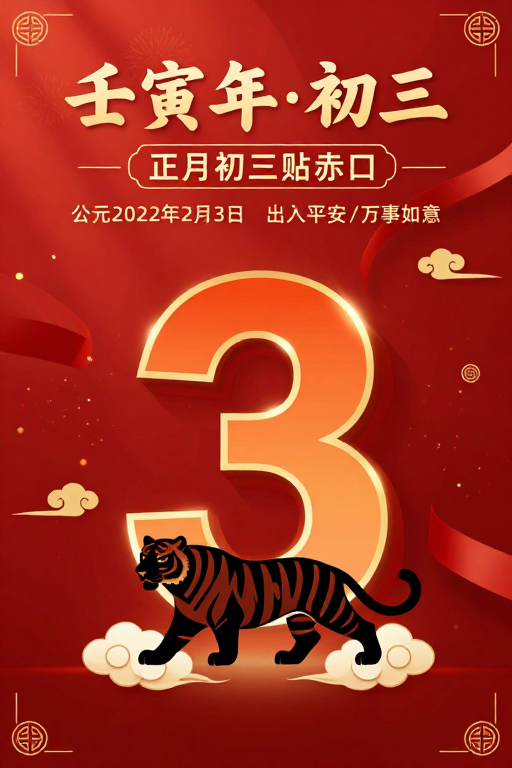 壬寅年正月初三传统喜庆海报