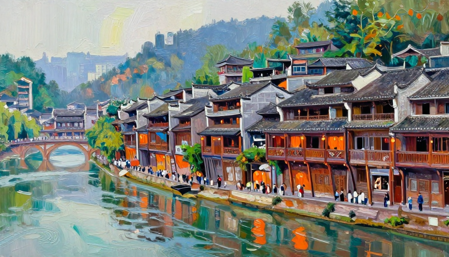 凤凰古城手绘插画：吊脚楼夜景与游人如织的浪漫光影