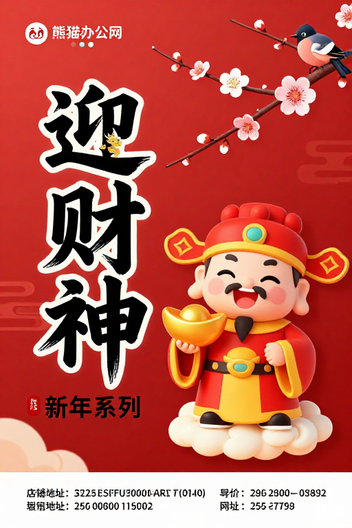 迎财神新年海报：传统喜庆与卡通财神融合设计