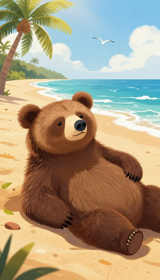 树熊阳光沙滩插画:温暖治愈的夏日场景