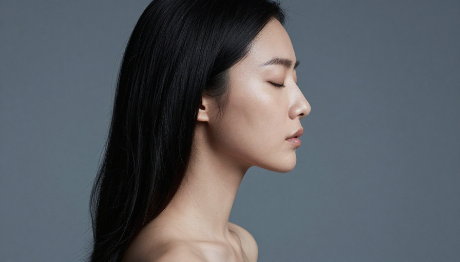 冷调光影下的静谧沉思：亚洲女性侧脸特写