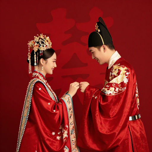 喜庆大红色中式婚礼场景,新人传统婚服作揖