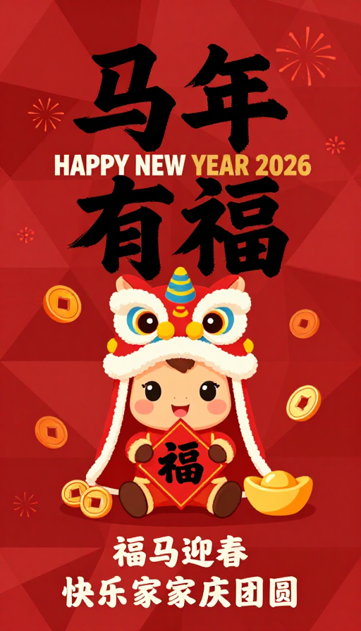 马年新春插画:红金配色展现传统与现代融合的吉祥寓意