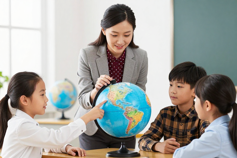 教师指导学生观察地球仪的温馨课堂瞬间