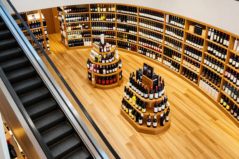 现代酒廊俯拍:木质酒架与几何光影营造奢华氛围