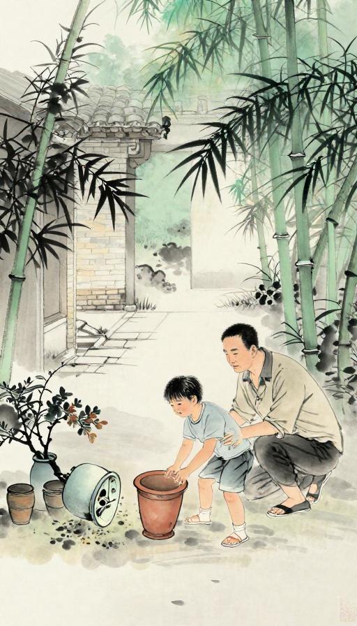 古风水墨：庭院中父亲的言传身教