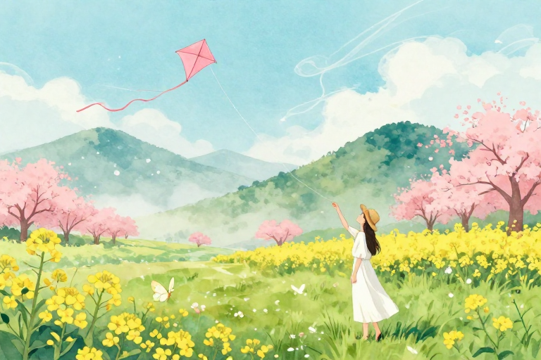 春日田园水彩画：风筝与花海的静谧梦境