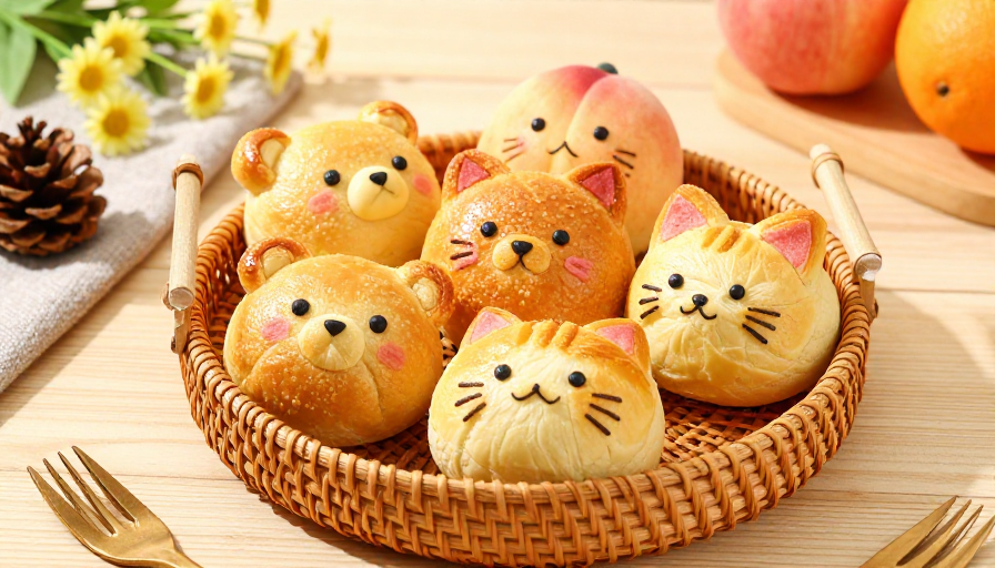 柔光竹篮动物面包：金黄酥脆食品摄影