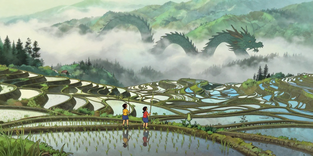 春日梯田映龙影，孩童仰望宫崎骏风画卷