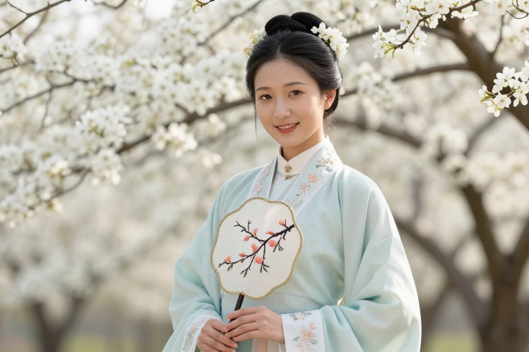 青衫汉服·梨花映笑:传统美学人像摄影