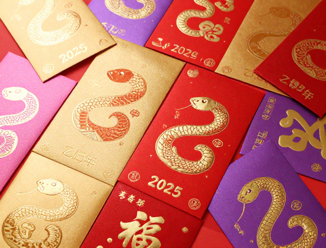 蛇年新春:多彩烫金红包堆叠呈现吉祥氛围