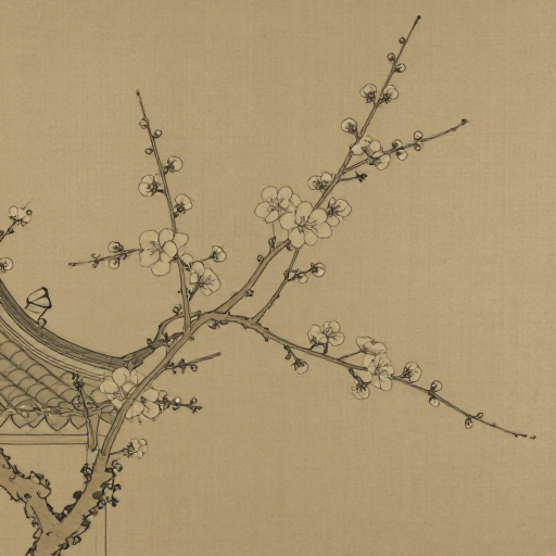 明代工笔梅花:绢本留白中的古韵与建筑一角