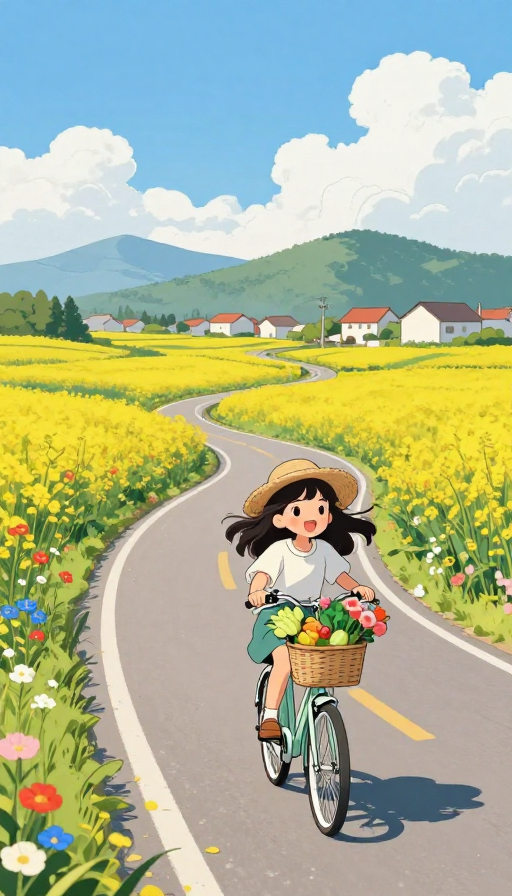 治愈田园骑行:少女与花海共赴夏日乡间