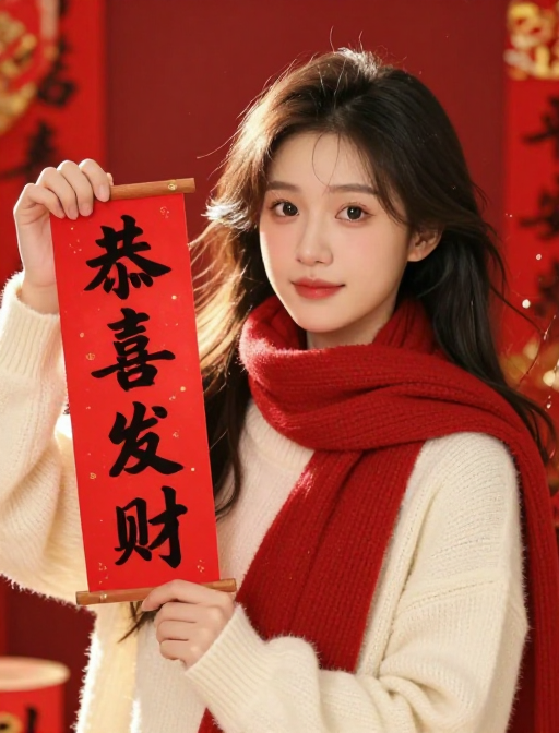 春节喜庆美人手持对联贺岁风光大片