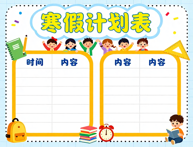 童心童趣寒假计划表：清新校园手账风插画