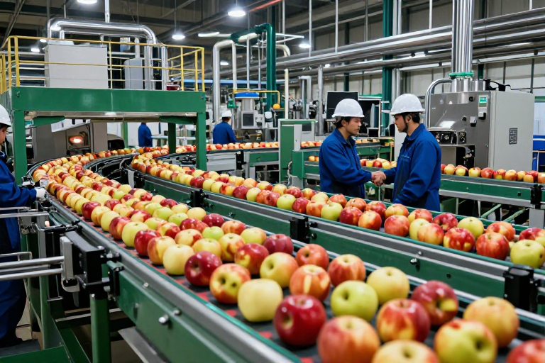 现代工业苹果加工生产线实拍场景