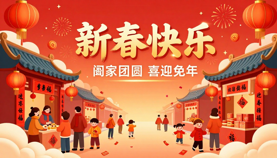 中国风新年喜庆插画：团圆兔年海报