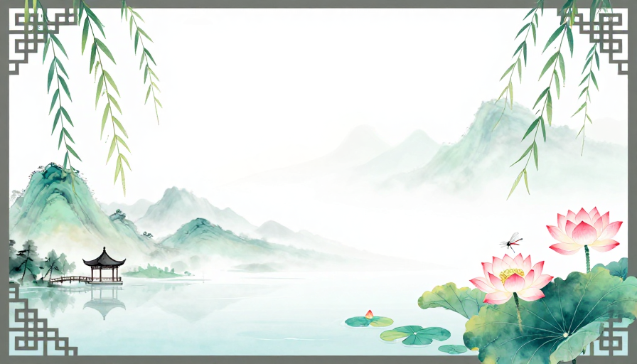 青绿淡粉水墨山水，留白典雅意境背景图