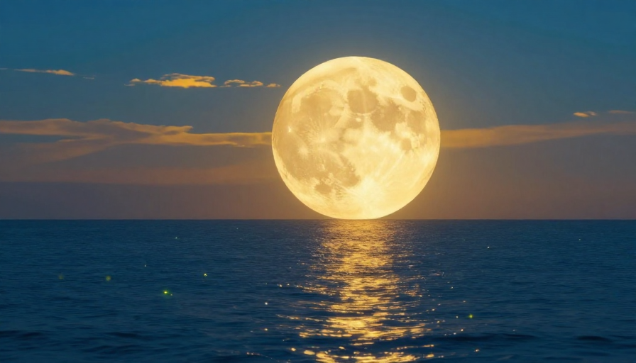 金辉满月悬静海:梦幻夜景摄影