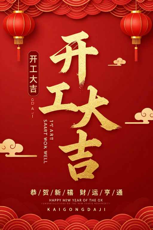 红金中国风新年开工大吉喜庆海报