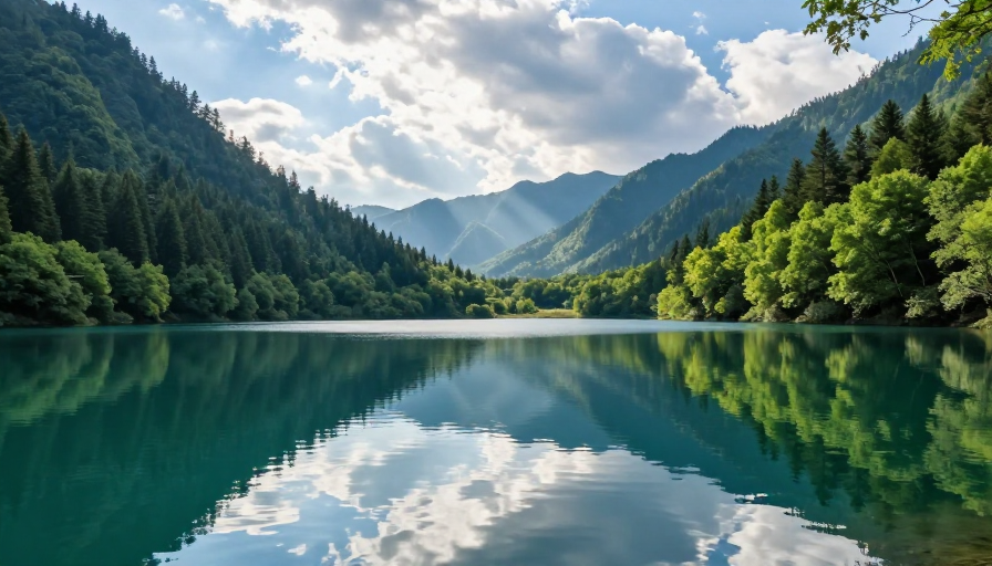 高山湖泊静谧美景:丁达尔光下的自然画卷