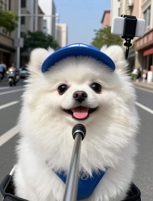 萌趣博美自拍：蓝帽狗狗街头互动时刻