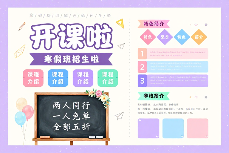 马卡龙风寒假招生海报:童趣温馨设计